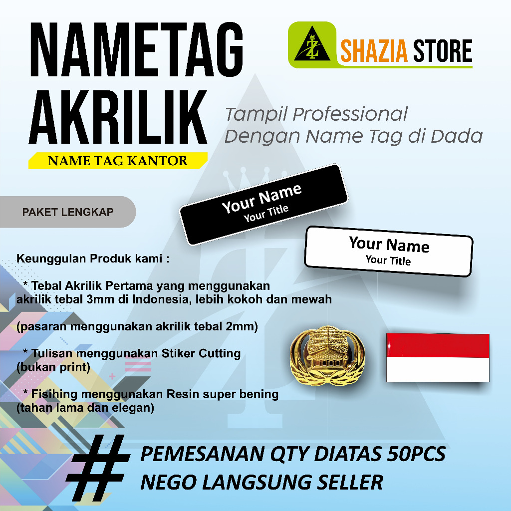 

Nametag Akrilik (Paket Lengkap) Pin Korpri Pin Bendera Nama dada Akrilik papan nama Dinas PNS Nyonya