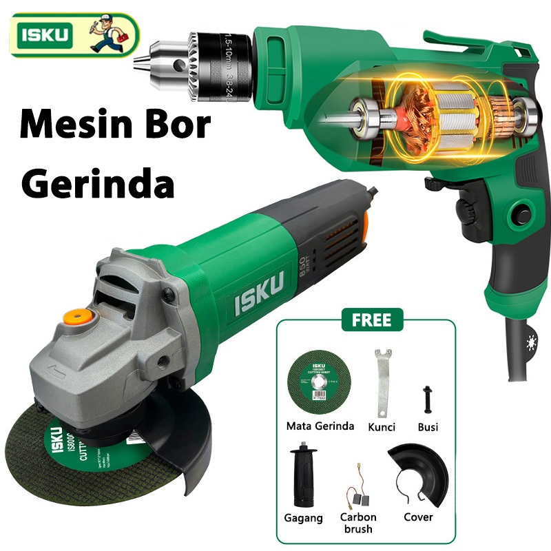 ISKU Mesin Bor Set 850W Mesin Gerinda Tangan Dan 700V Mesin Bor Listrik 1.5-10mm Mata Bor