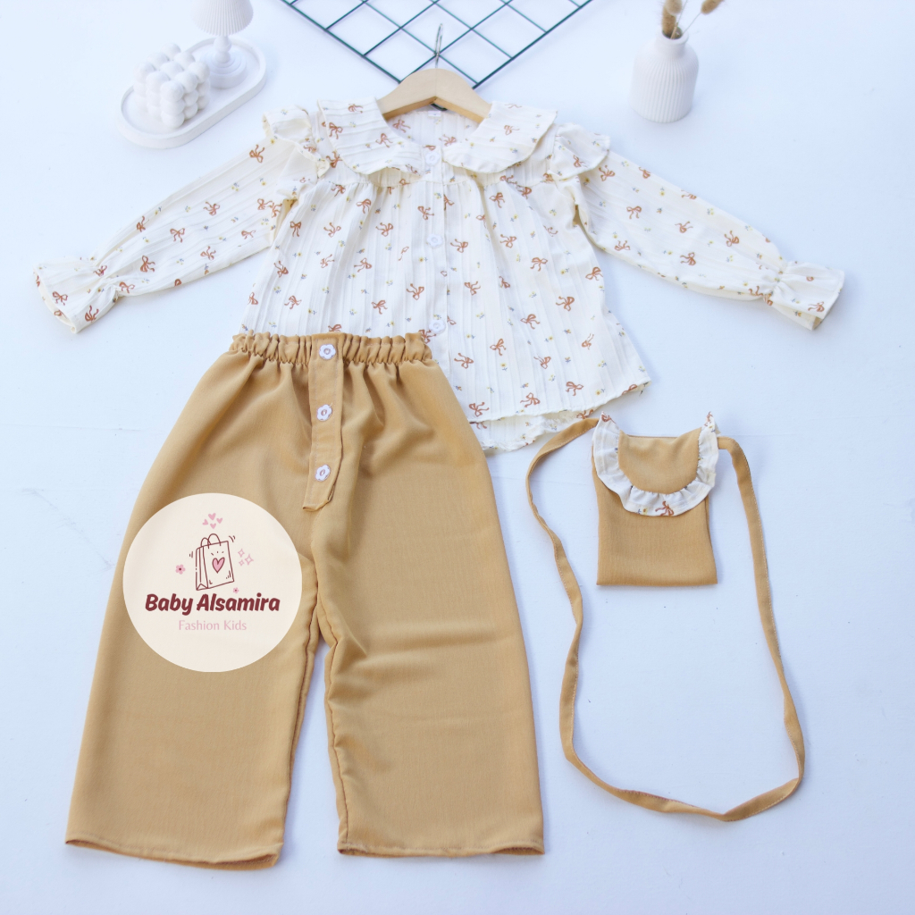 SETELAN ANAK PEREMPUAN ADIVA I FREE TAS MOTIF PITA BAHAN CRINKLE AIRFLOW I USIA 3-12 TAHUN