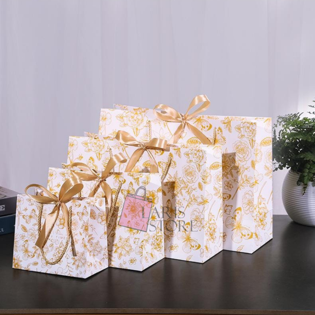 

Paperbag happy times bunga kuning pita gold/ Tas Kantong kado murah/paperbag murah/Paper Bag Wedding / Tas Kantong Bridesmaid Premium / paperbag tebal ivory