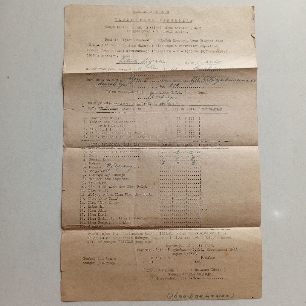 

Surat Tanda Lulus Sementara S.M.A 1965 Kondisi : cukup bagus, ada sobekan dan warna kecoklatan/foxing