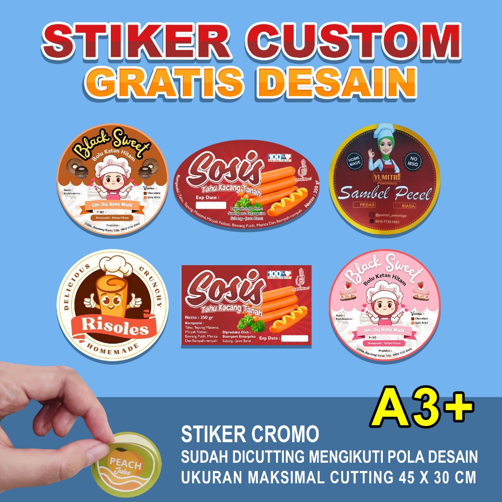

Cetak stiker cut A3 murah / cetak stiker label kemasan makanan minuman online shop