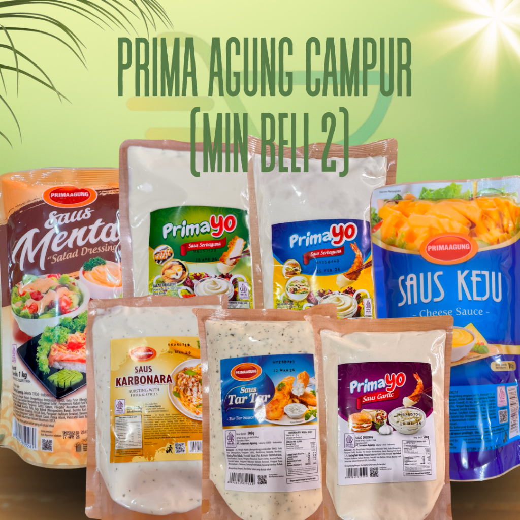 

Prima Agung Saus Minimal Beli 2 Keju - Mentai - Tartar - Karbonara - Primayo Mayonaise - Garlic Campur (100g, 250g, 500g, 1Kg)