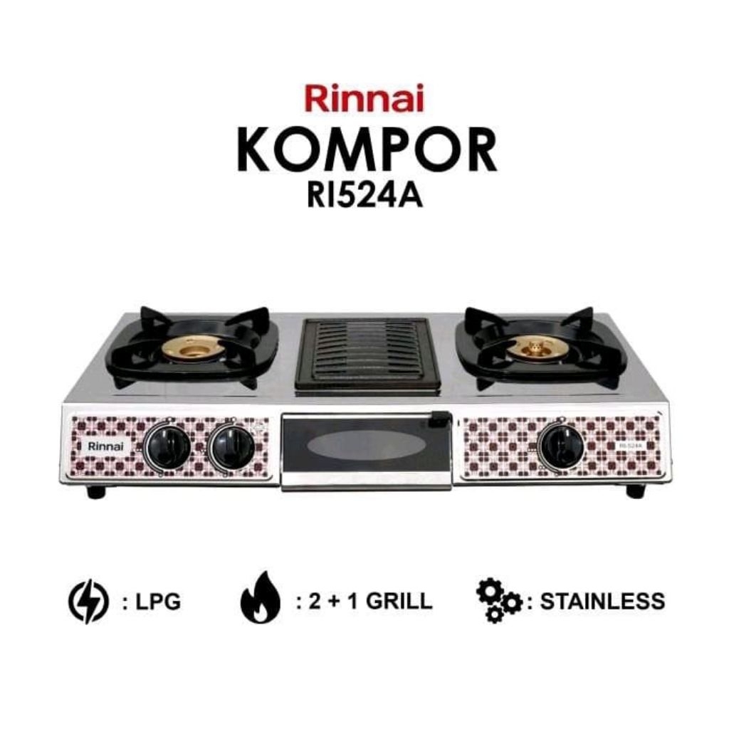 Rinnai Ri 524 A Kompor Gas 2 Tungku + 1 Tungku Grill Pemanggang Kompor Gas 3 Tungku Rinnai Ri524A