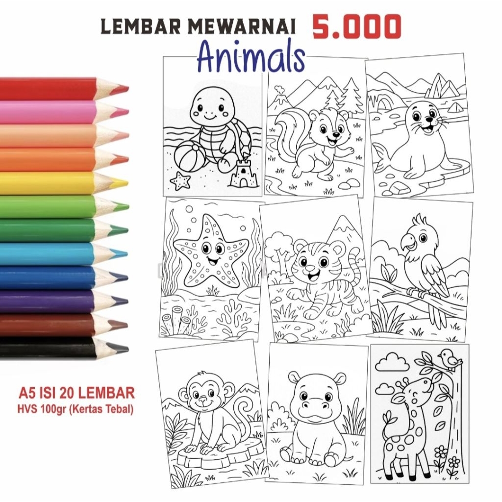 

Kertas Mewarnai Murah Untuk Anak Tema Hewan A5 isi 20 lembar