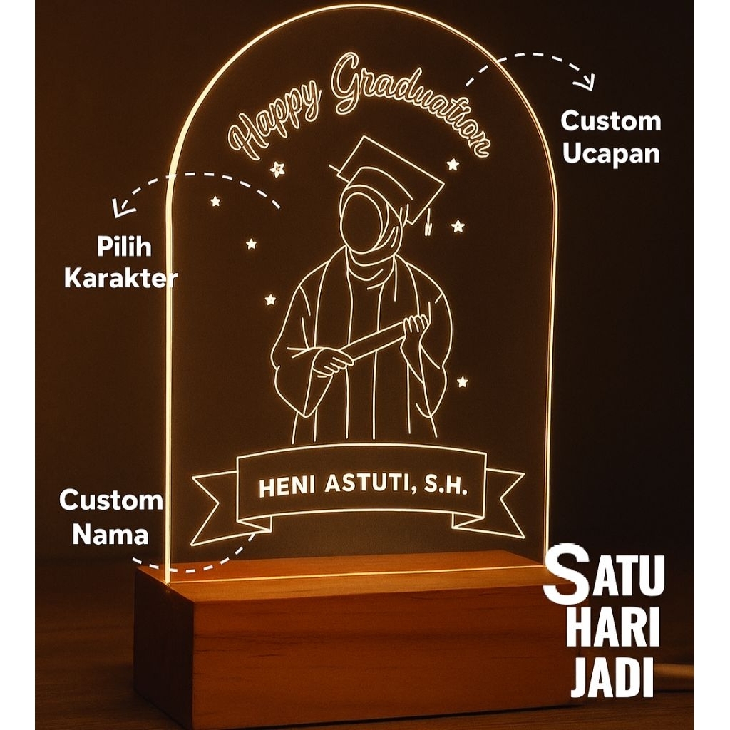 Lampu Akrilik Custom Nama & Ucapan Kado Wisusa Graduation Kelulusan Teman Sahabat Pacar Hadiah Gift 