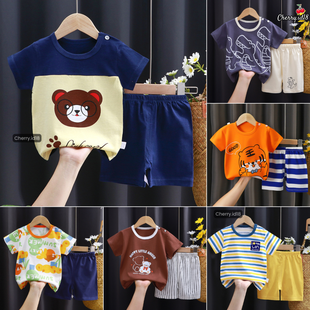 Cherry COD Setelan Baju Bayi Import Lengan Pendek 0-3 Tahun Motif Lucu / Baju Anak Laki Laki SLP20