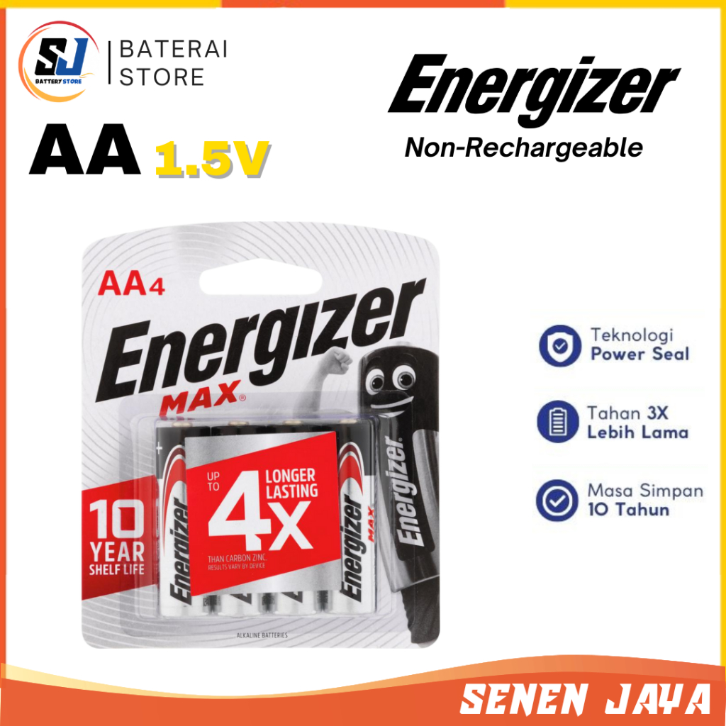 Baterai AA Energizer Isi 4 PCS 1.5V Batre Alkaline Energizer AA A2 Batre Jam Dinding AA Energizer