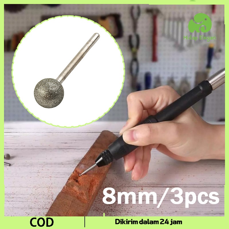 3pcs Mata Bor Ball Grafir Tuner Ukir Pahat 8mm Mata Grafir Ukir Engraving Tip Alat Grafir Gelas Piri