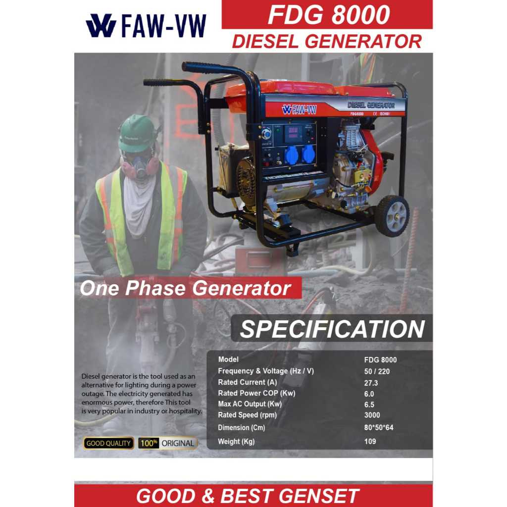 GENSET 6000 WATT DIESEL GENERATOR FAW-VW FDG 8000/GENSET PORTABLE