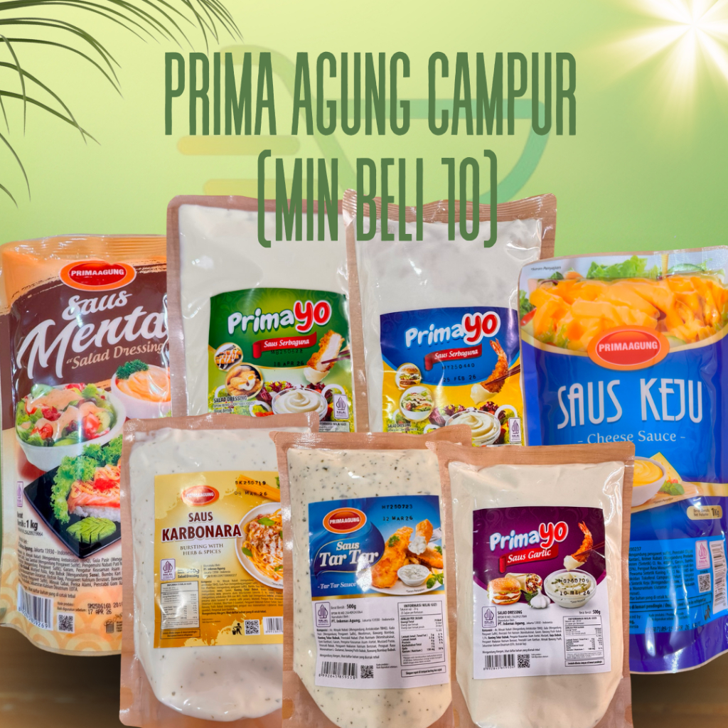 

Prima Agung Saus Minimal Beli 10 - Keju - Mentai - Tartar - Karbonara - Primayo Mayonaise - Garlic Campur (100g, 250g, 500g, 1Kg)