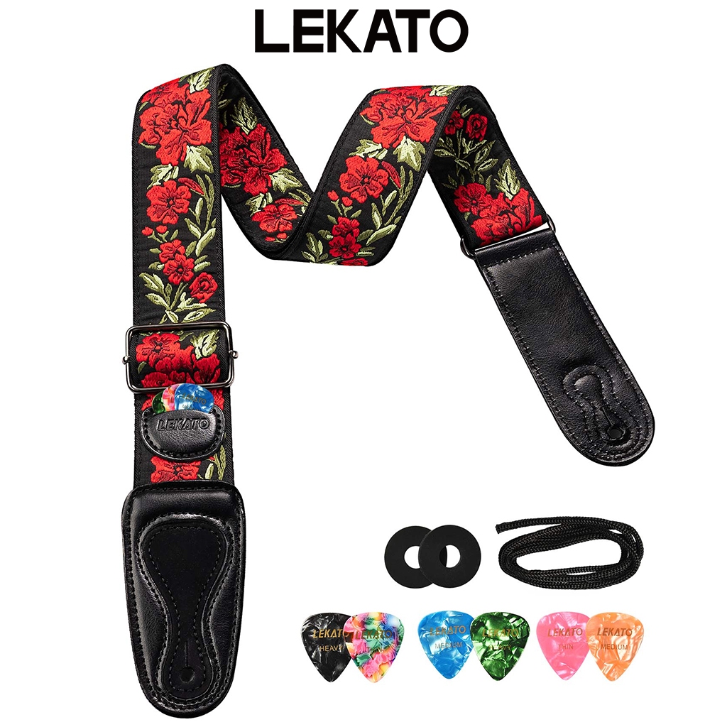LEKATO LGS-6 Strap Gitar Listrik Tali Gitar Motif Bunga 5cm - Anyaman Artistik, Ujung Kulit + 6 Pick