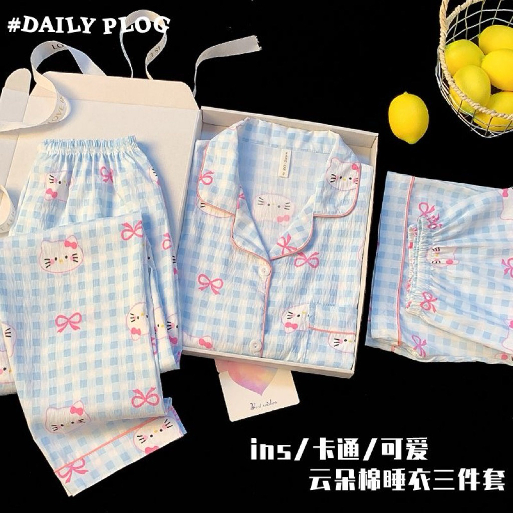 Set 3 in 1 Baju Tidur Piyama Wanita Crinkle Ukuran Jumbo 2XL Lengan Pendek Celana Pendek dan Celana 