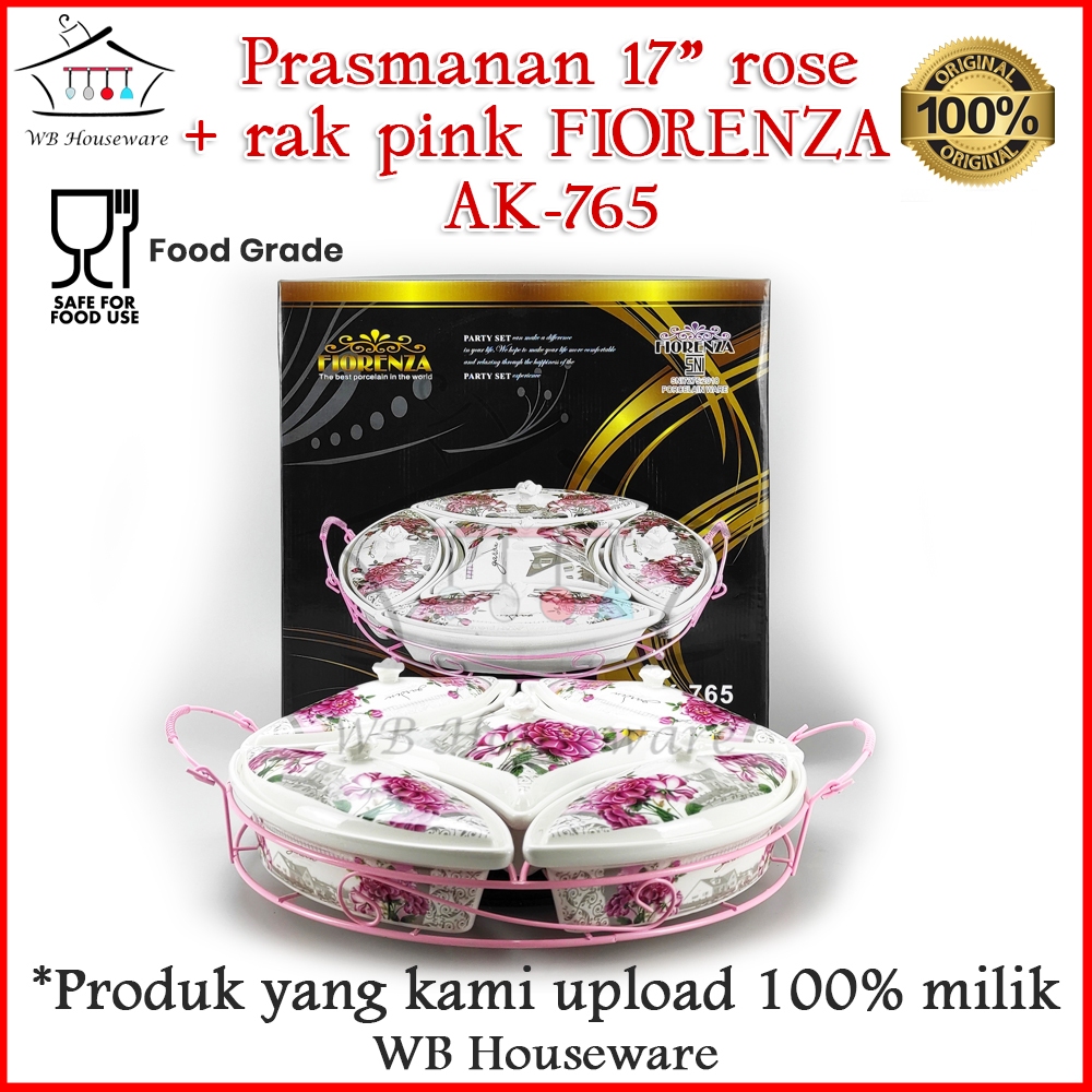 FIORENZA Prasmanan Putar Wadah Saji Keramik 17 Inch Motif Bunga + rak pink ROSE AK-765
