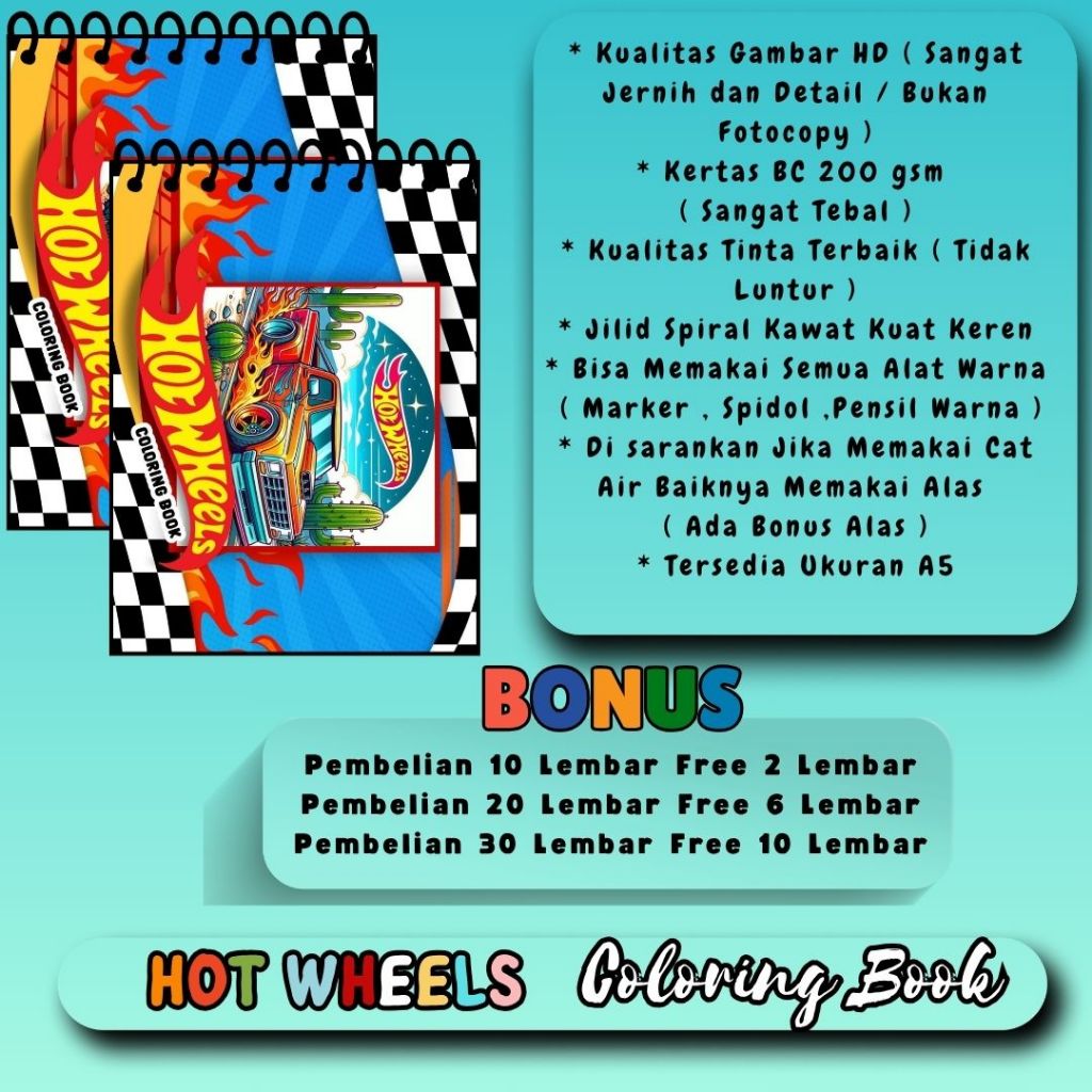

Buku Mewarnai Tema Hot Wheels Coloring Book Super Keren Gambar Bagus Jernih Kualitas HD Kertas Premium Sangat Tebal 200 gsm Murah