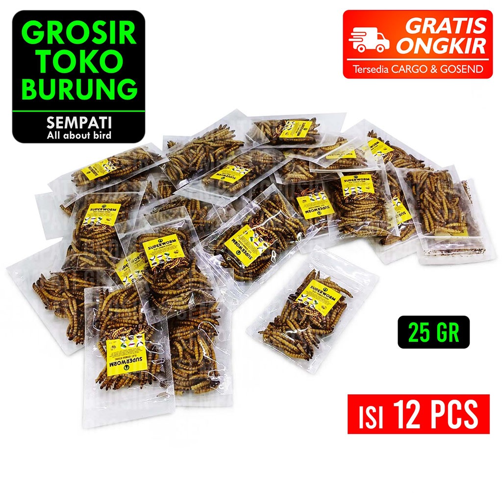 SEMPATI GROSIR Superworm Super Worm Ulat Jerman Kering Isi 12 Pcs Pakan Extra Fooding EF Burung Mura