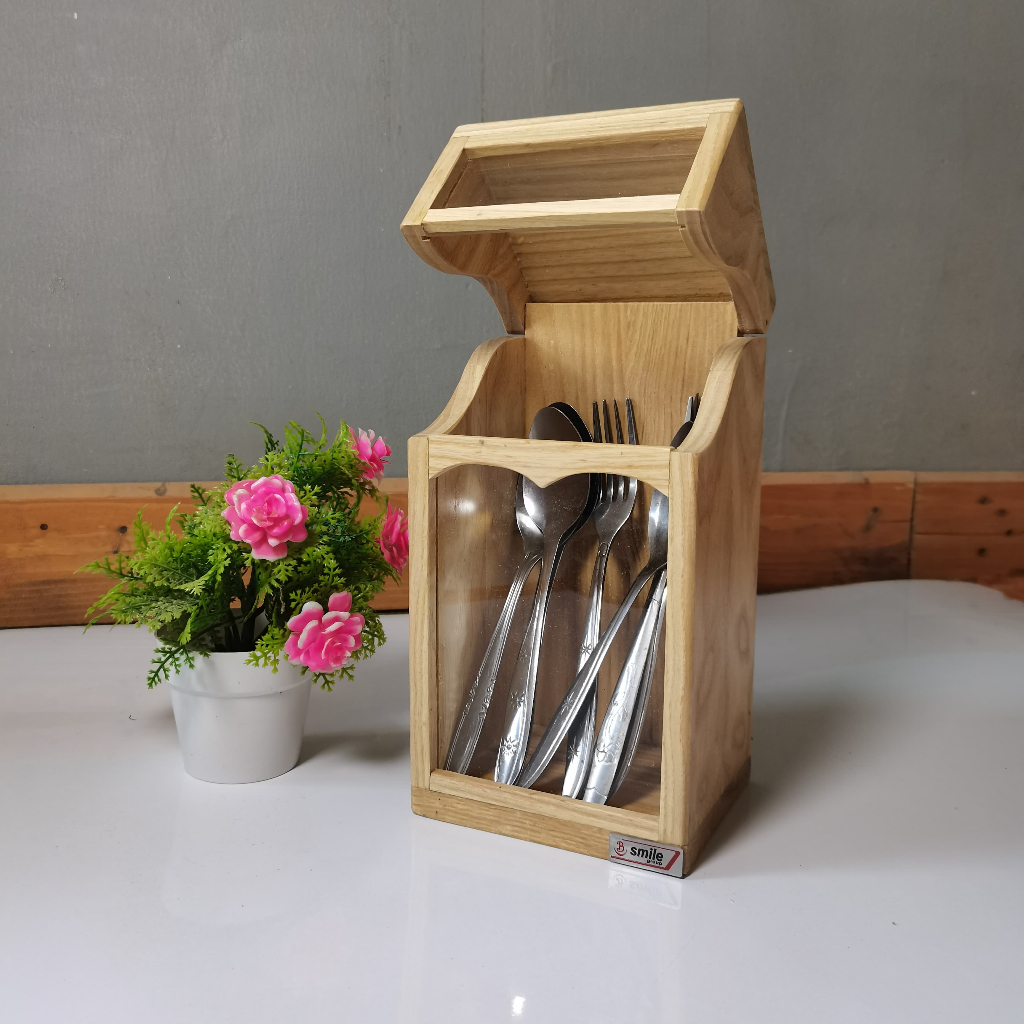 Tempat Sendok Estetik Minimalist Tertutup Kayu Anti Jamur