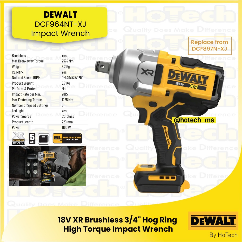 Dewalt 18V XR 3/4" High Torque Impact Wrench DCF964NT-KR - Bare Unit - Cordless Impact Wrench 3/4" D