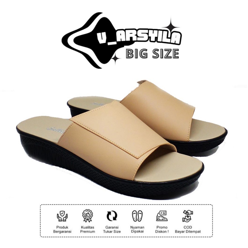 Sandal Wedges Wanita Beige Hak 3cm HR 0.4 Sendal Pesta Kondangan Ibu Ibu Selop Import