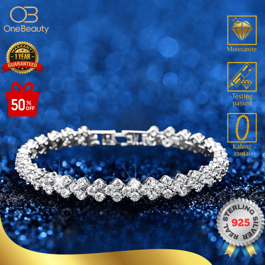 One Beauty - [100% Original / 925 Silver] Gelang Moissanite Asli Model Berlian Penuh Romawi 0,5 CT- 
