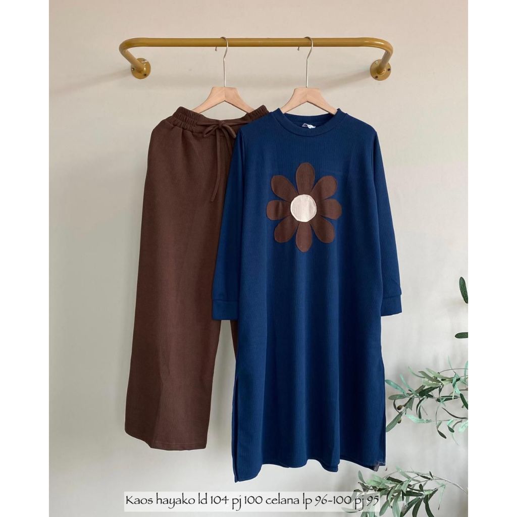 Setelan Kaos Hayako Flower Series || 2in1 One Set Tunik Bahan Rayon Mix Twill Uniqlo + Kerudung