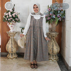 Tamara Midi Cotton Bordir Kerah Pita Lengan Balon - Dress Muslimah Motif Kotak Casual Terbaru 2026 A