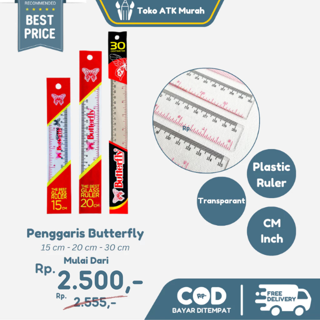

Penggaris 15 / 20 / 30 cm Plastik Butterfly - Transparant Ruler / Terlaris / Termurah
