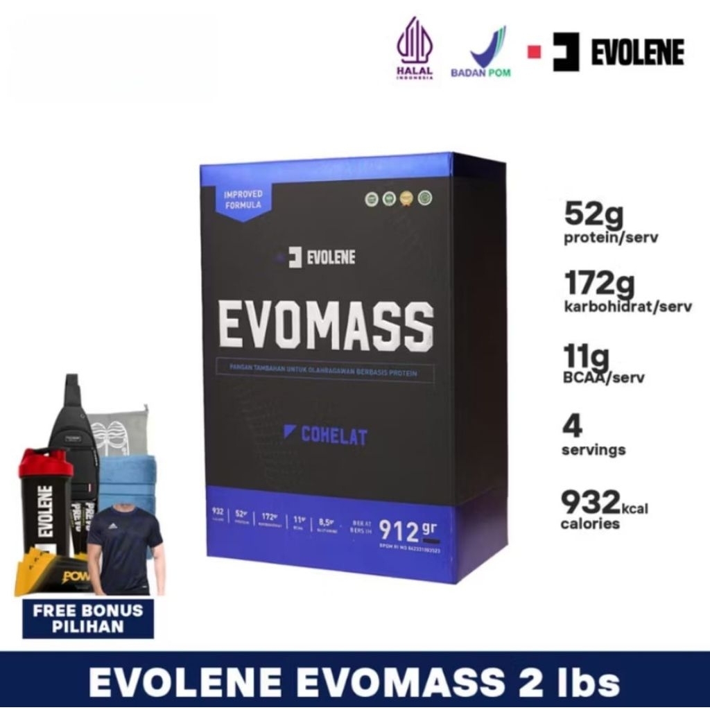 Evolene Evomass 2 lbs 912 gram Susu Penambah Berat Badan BPOM HALAL EVO Mass