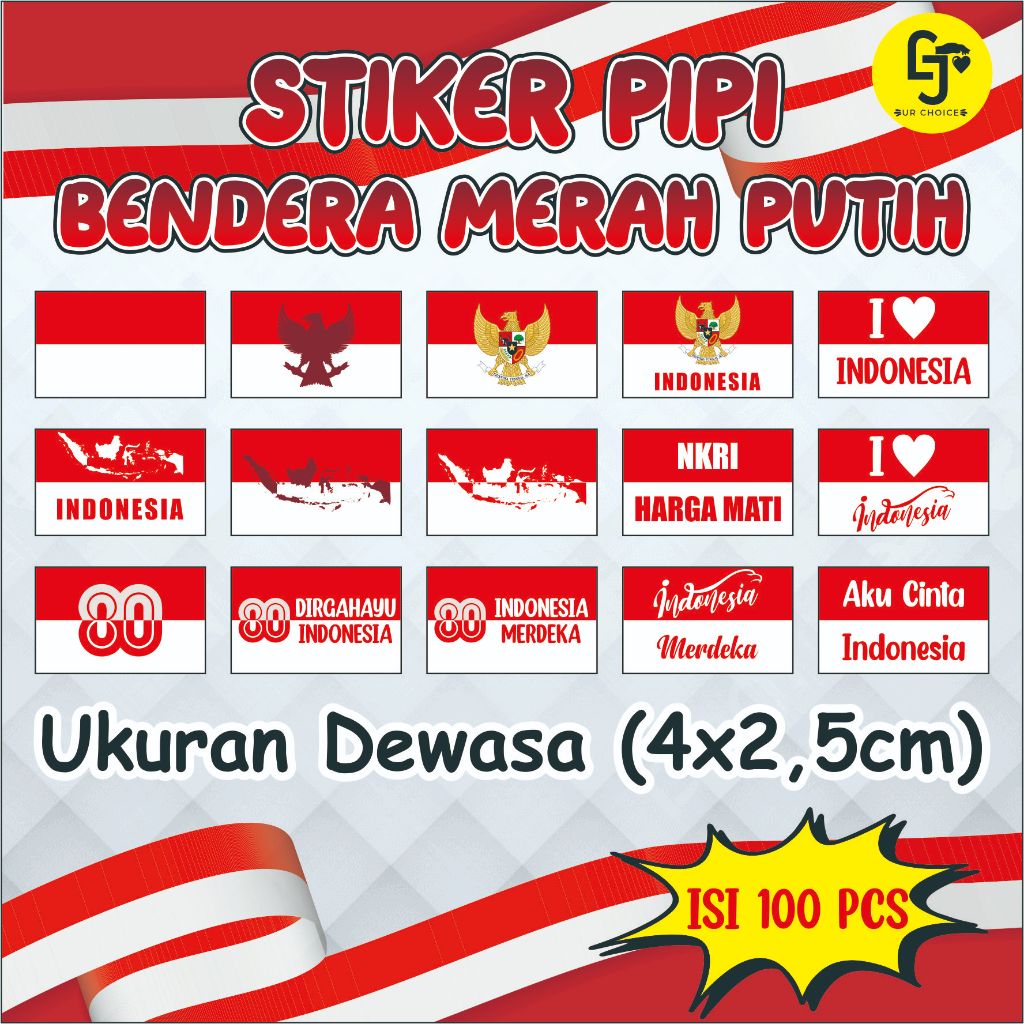 

Stiker Bendera Pipi Indonesia 100 Pcs - Ukuran Besar Dewasa / Stiker Pipi Merah Putih