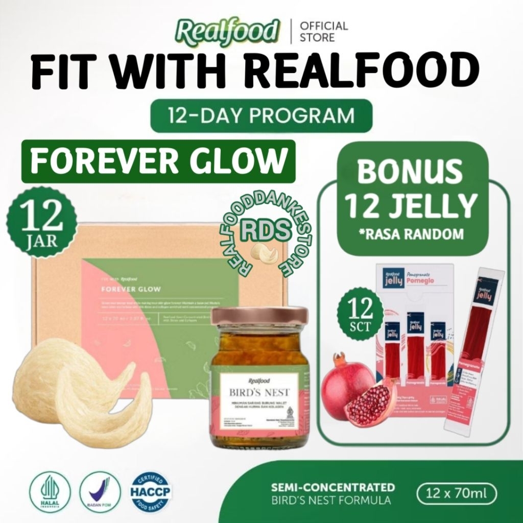 

Realfood Forever Glow Kurma + Kolagen 6 Botol & 12 Botol Bonus Jelly ( Minuman Sarang Burung Walet ) RDS