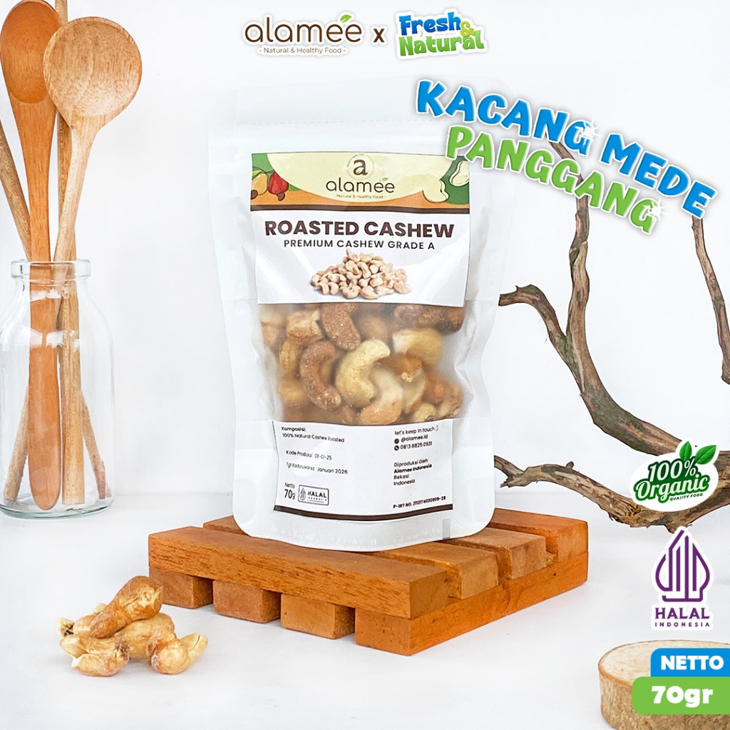 

ALAMEE Roasted Cashew Organic Kacang Mede Panggang Organik Mete Mente Oven Matang Premium Mini 70gr fresh and natural
