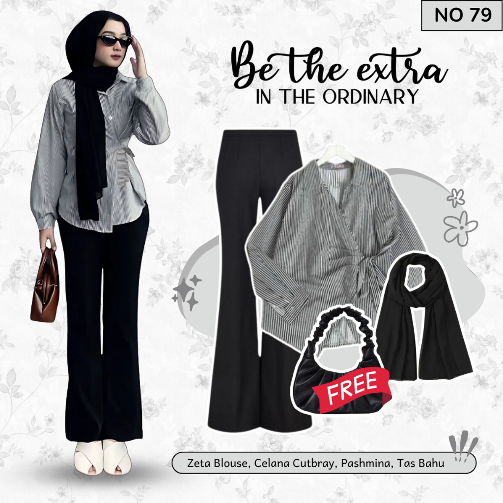 Setelan Casual Cantik 3in1 ( Zeta Blouse, Celana Cutbray, Pashmina, Tas Bahu ) OOTD ke Kampus | NO79