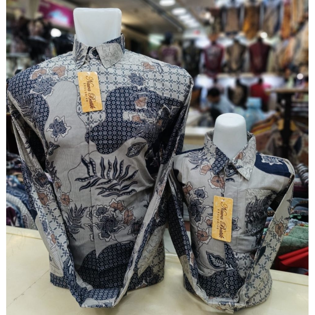 Kemeja Batik Pria Warna Cream Lengan Panjang Batik Ayah Dan Anak Ayah Pakai Furing Hero Anak Tanpa F