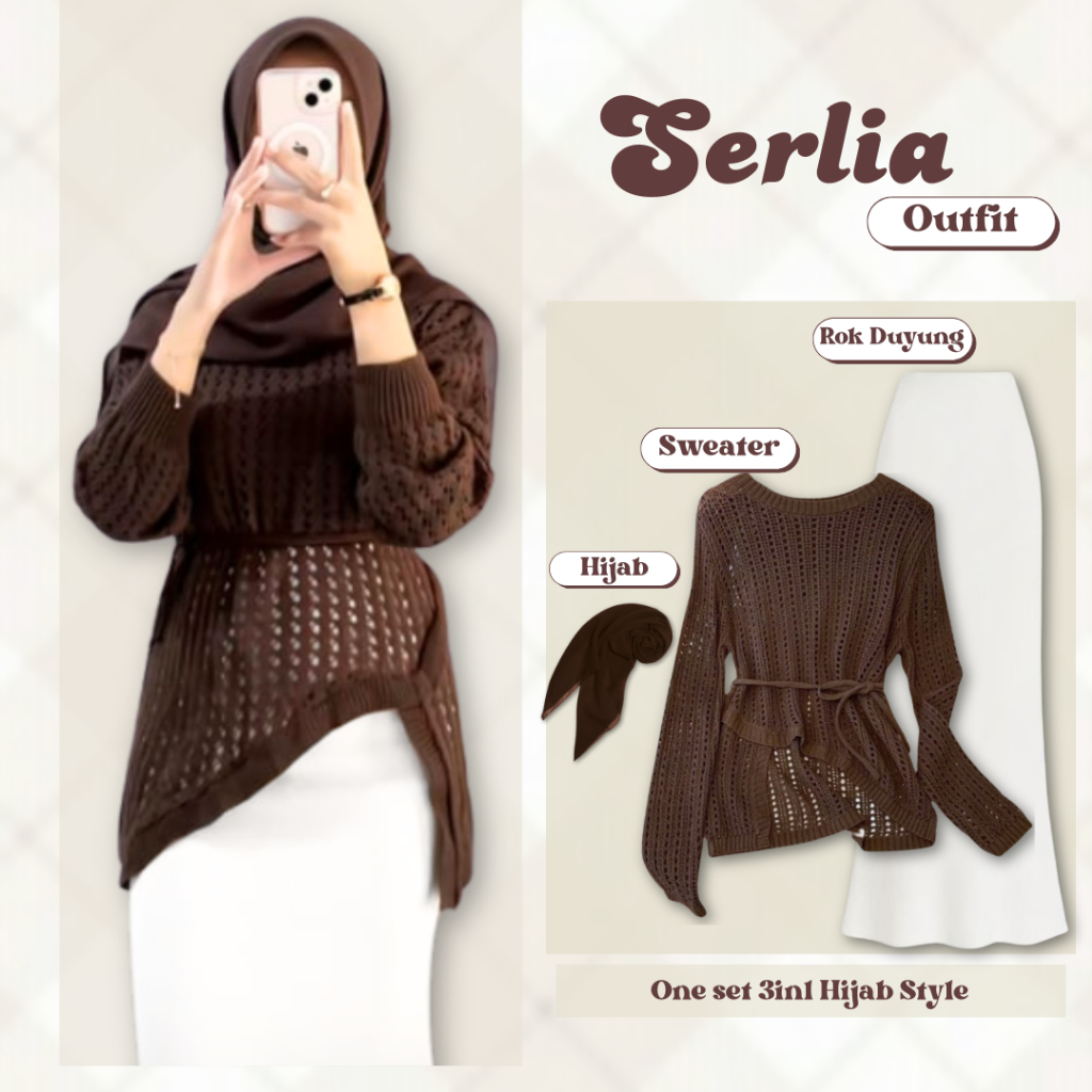 Aura Modis - satu set outfit wanita One set ( sweater Jaring + Rok duyung + Hijab Mahogany AM165N