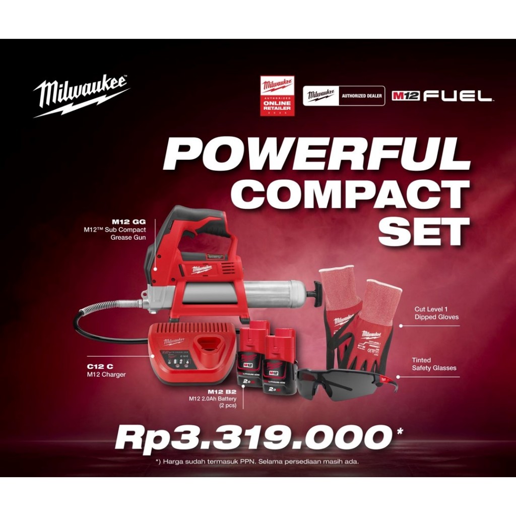 Milwaukee Pompa/Pengisi Gemuk dengan Baterai M12 GG-0 Grease Gun Cordless 1 Set Charger & Baterai 2.