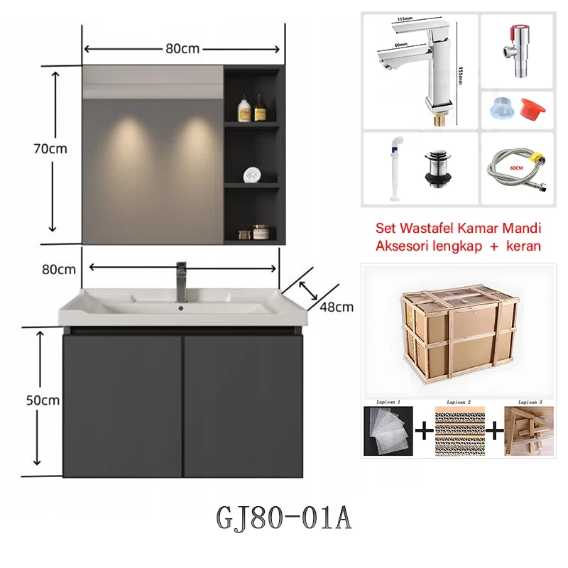 Set Westafel Kamar Mandi80cmWastafel Terpasang di Dinding Wastafel Utilitas Kamar Mandi Kabinet Wast
