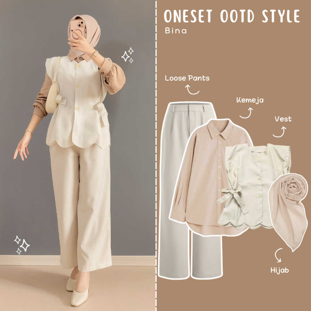 Bina One Set Outfit Setelan Wanita ( Kemeja, Vest, Celana, Hijab ) Outfit OOTD Hits Kekinian Casual