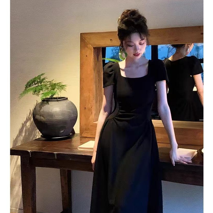 long dress hitam polos panjang korean style kondangan simple elegan baju dress wanita terbaru 2025 d