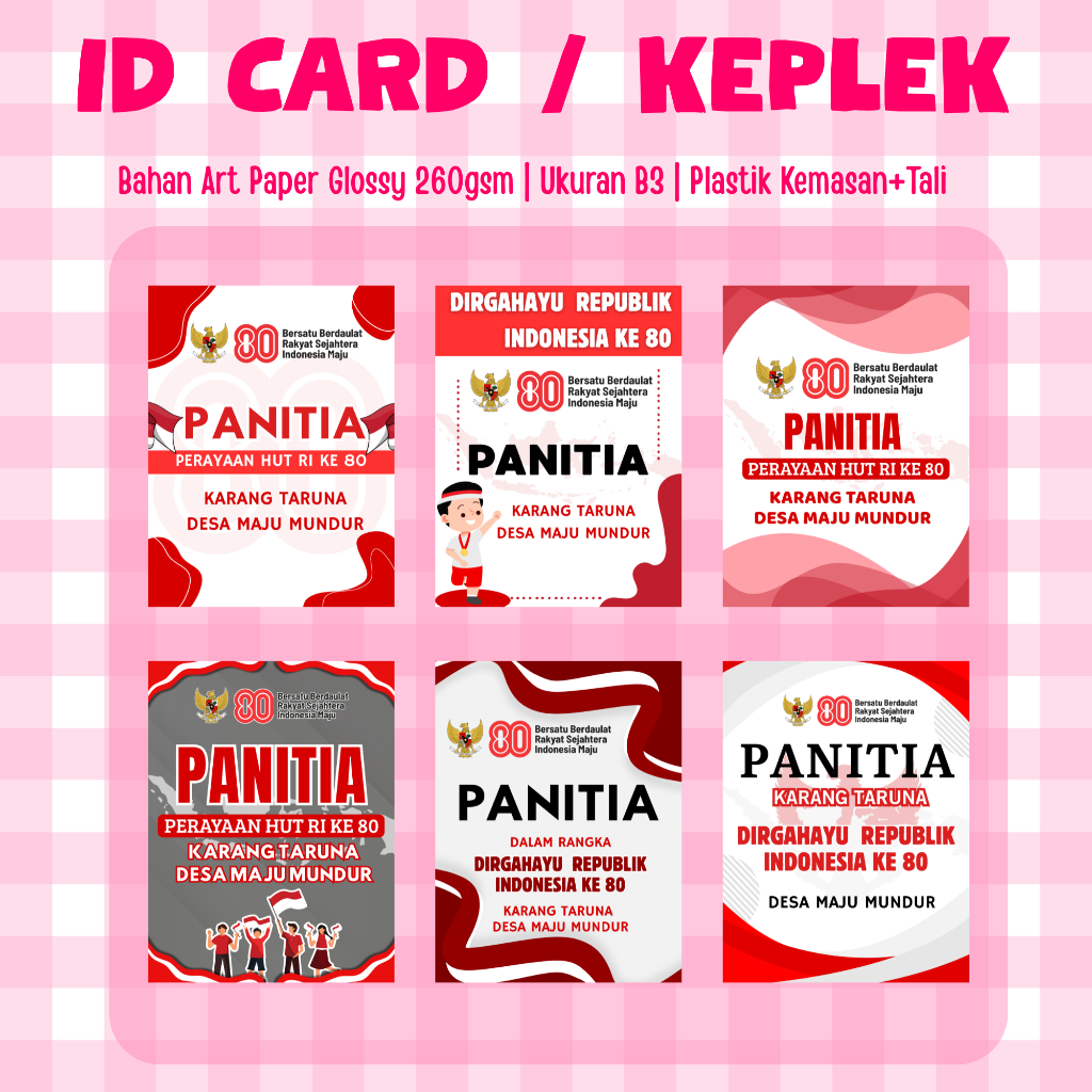 

KARTU/ID CARD/KEPLEK PANITIA HUT RI Ukuran B3 + Plastik + Tali