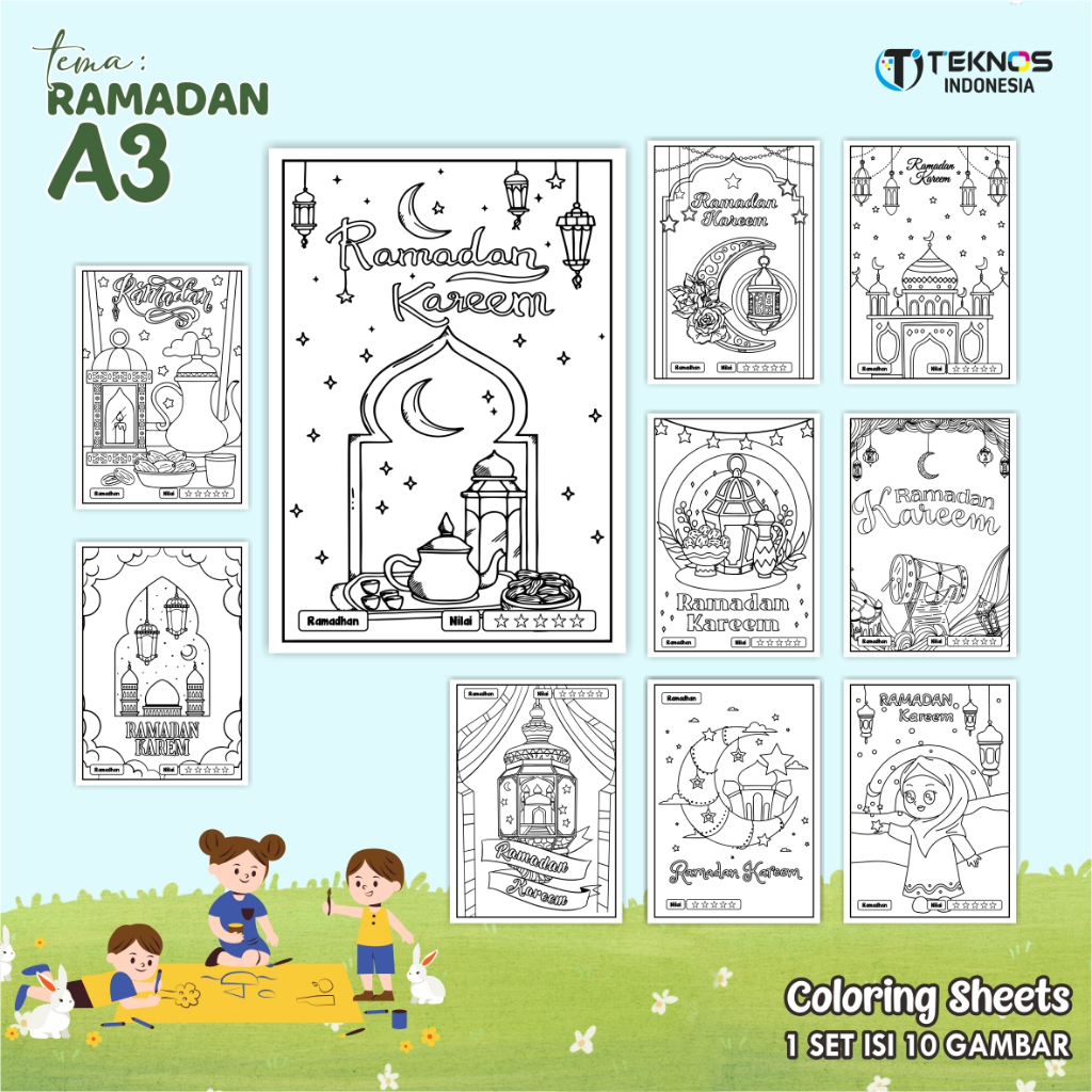 

[RAMADAN] LEMBAR GAMBAR ANAK - KERTAS MEWARNAI READY STOCK A3 - COLORING SHEETS 1 TEMA