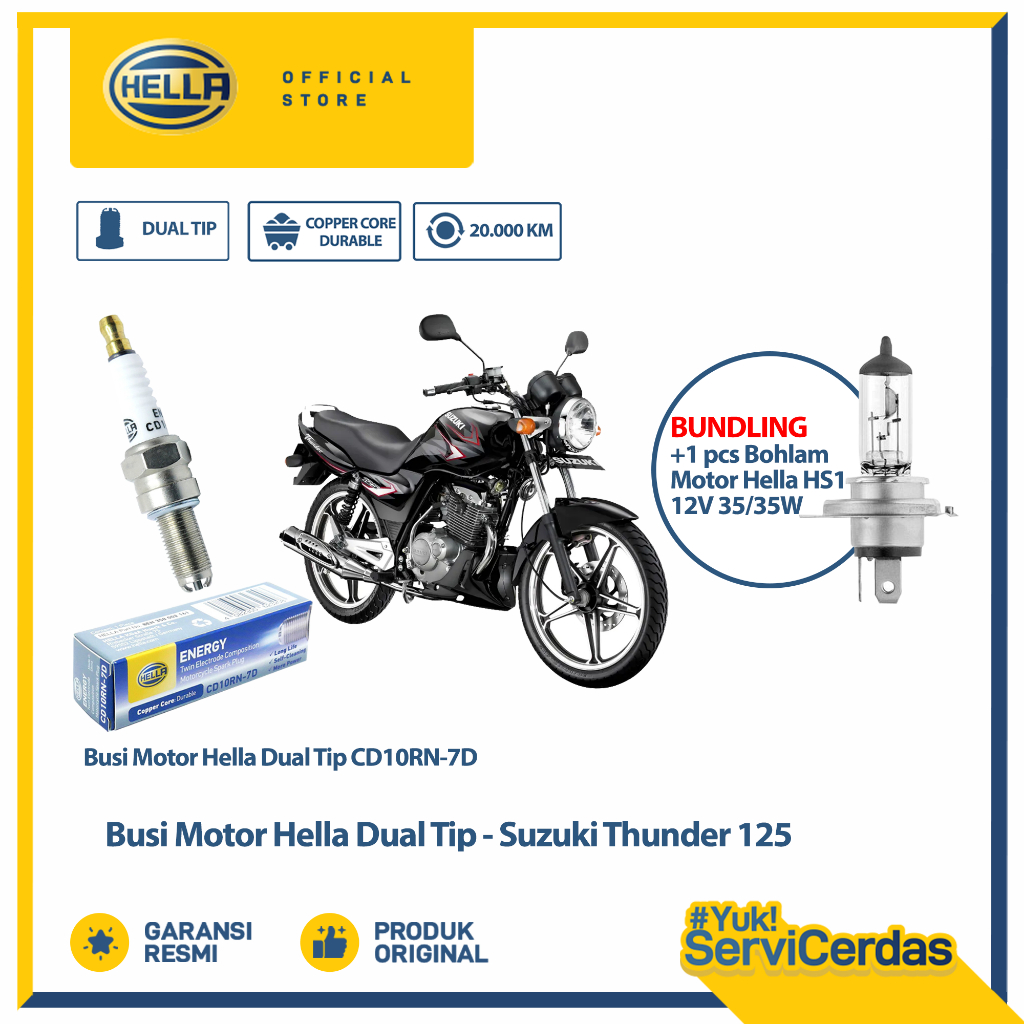 Busi Motor Suzuki Thunder 125 Hella Dual Tip CD10RN-7D Bundling Bohlam Motor HS1 12V 35/35W PX43T - 