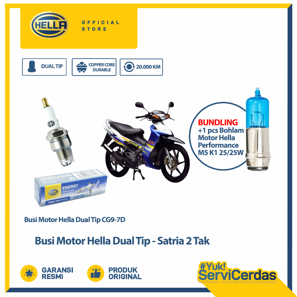 Busi Motor Suzuki Satria 2 Tak Hella Dual Tip CG9-7D Bundling Bohlam Motor M5 12V 25/25W 4500K-1 - L