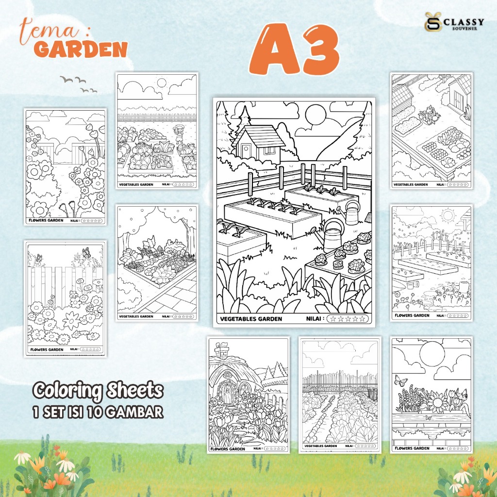 

LEMBAR GAMBAR MEWARNAI ANIMASI ANAK 1 SET ISI 10 GAMBAR - [TEMA GARDEN] - COLORING SHEETS FOR KIDS A3