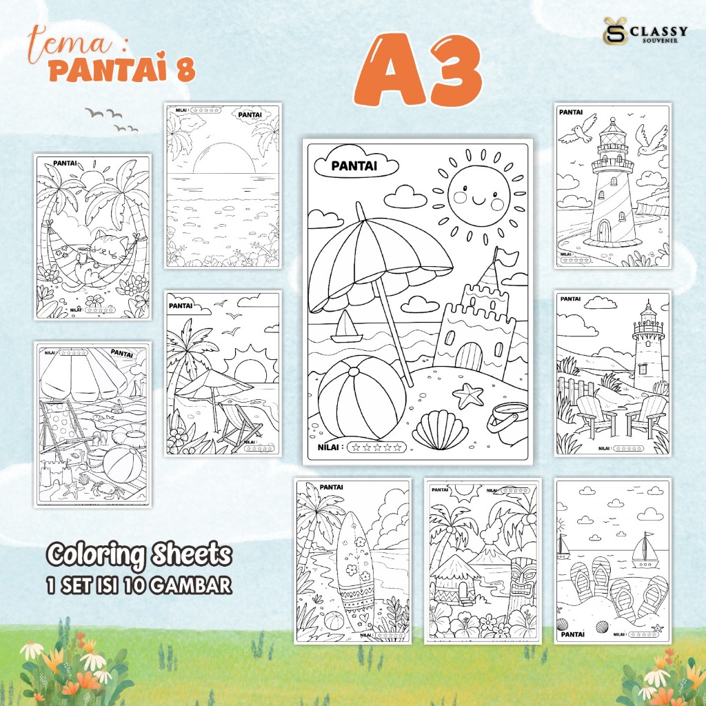 

LEMBAR GAMBAR MEWARNAI ANIMASI ANAK 1 SET ISI 10 GAMBAR - [TEMA PANTAI 8] - COLORING SHEETS FOR KIDS A3