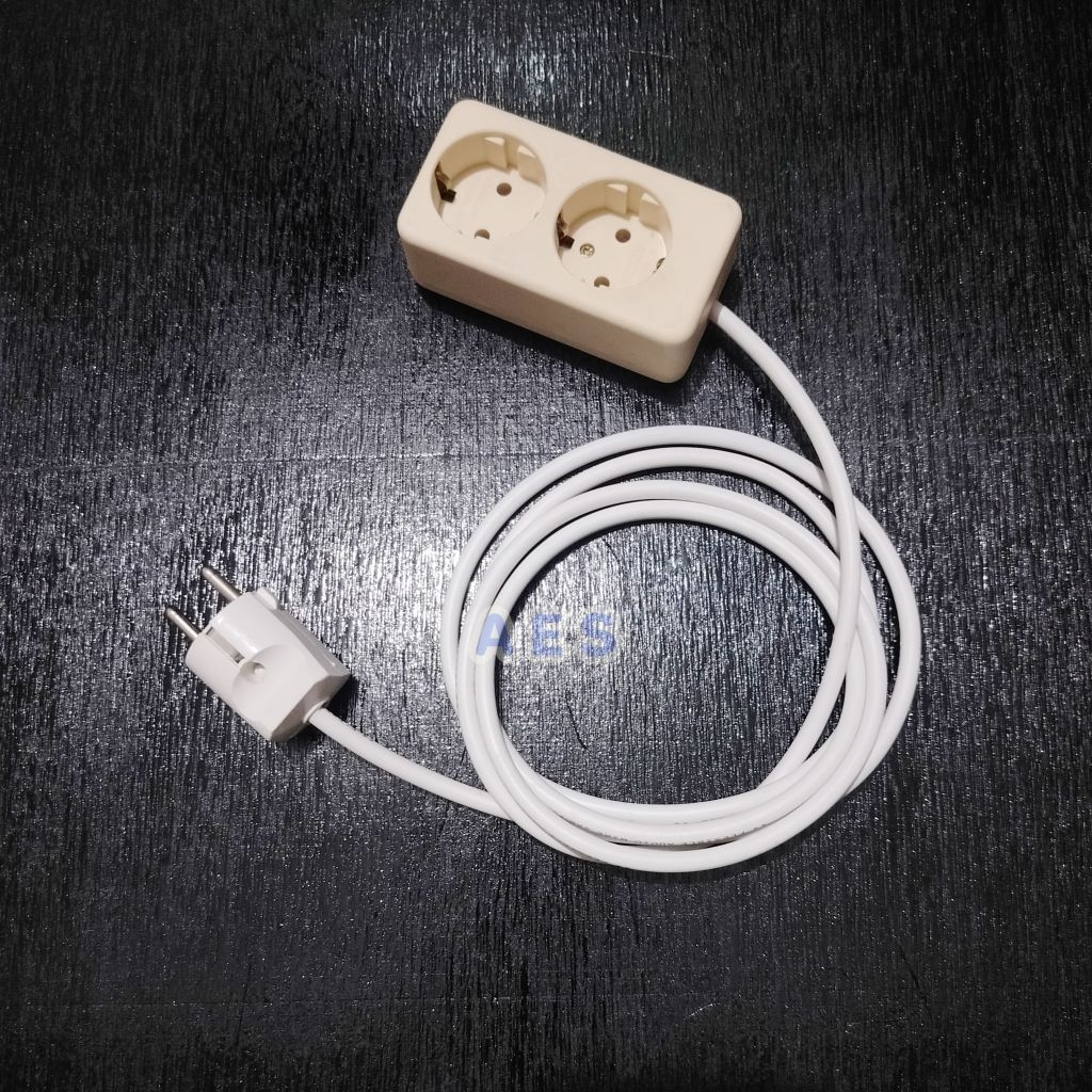 Cok Sambung Rakitan 2 Lubang + Kabel Putih 1-10meter + colokan Bulat