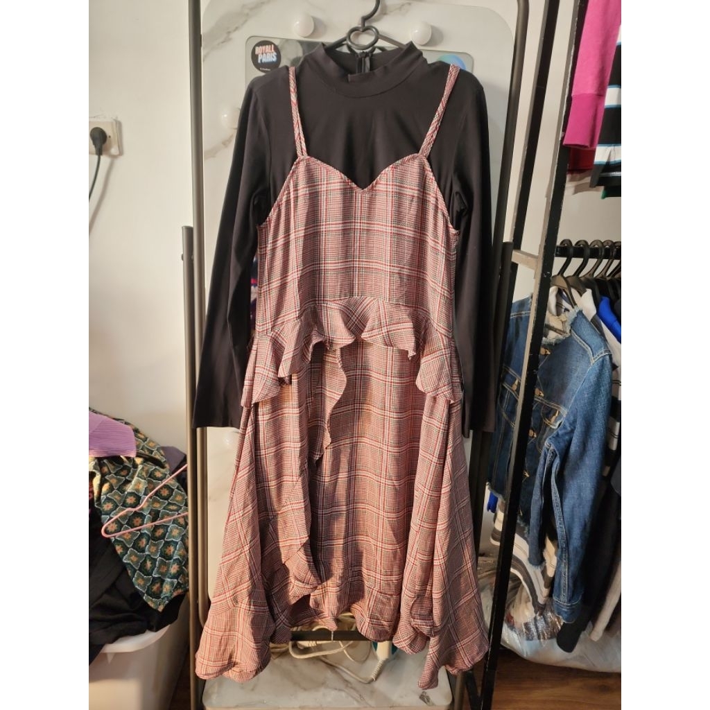 Dress Two Tone Motif Houndstooth Kotak Plaid Gingham Checkered Tartan Model Peplum Dress Aksen Ruffl