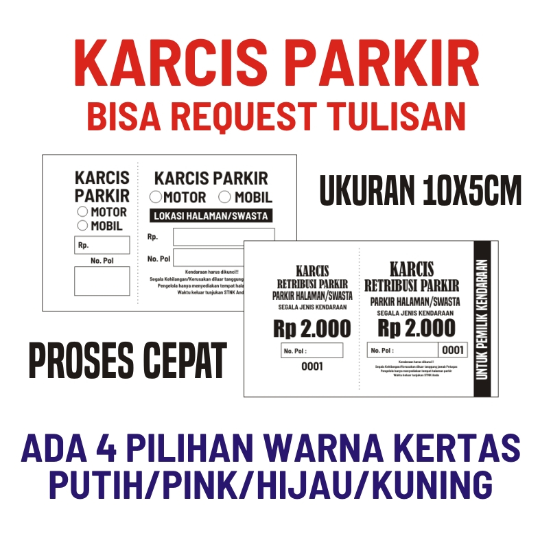 

CETAK KARCIS TIKET PARKIR MOBIL MOTOR TRUCK GRATIS CUSTOM TULISAN