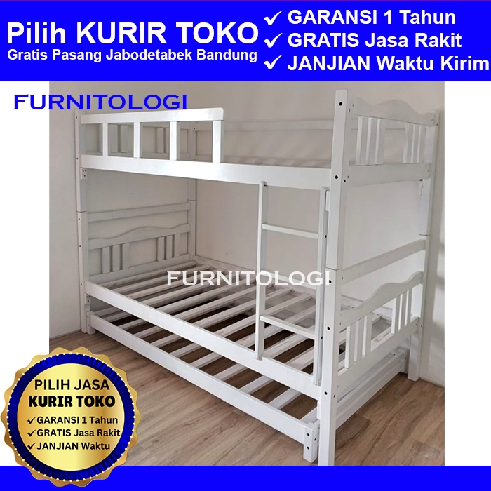 Ranjang susun Kayu + Sorongan Kayu 90x200 Ranjang 3 Tingkat Ranjang Susun Kayu Dipan Tingkat