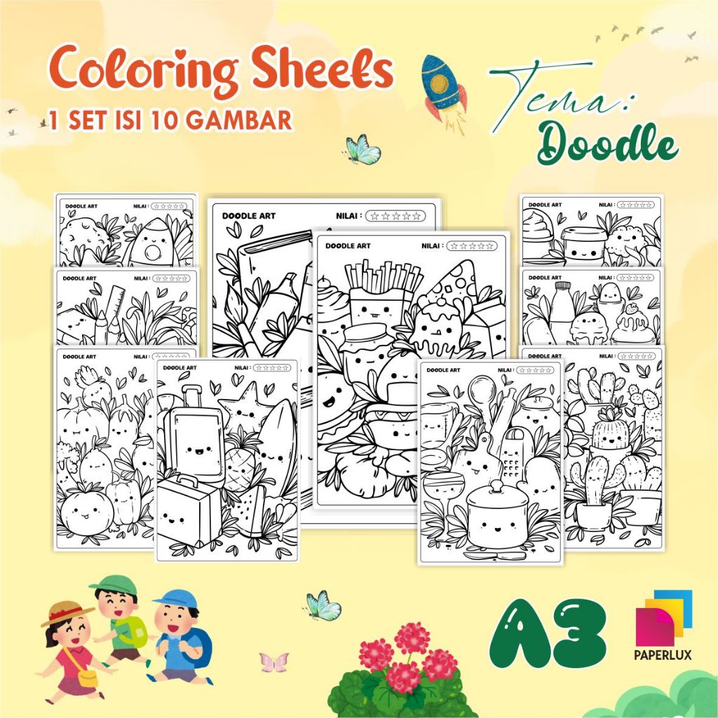 

KERTAS GAMBAR MEWARNAI TEMA DOODLE - LEMBAR COLORING SHEETS FOR KIDS ISI 10 LEMBAR [A3] READY
