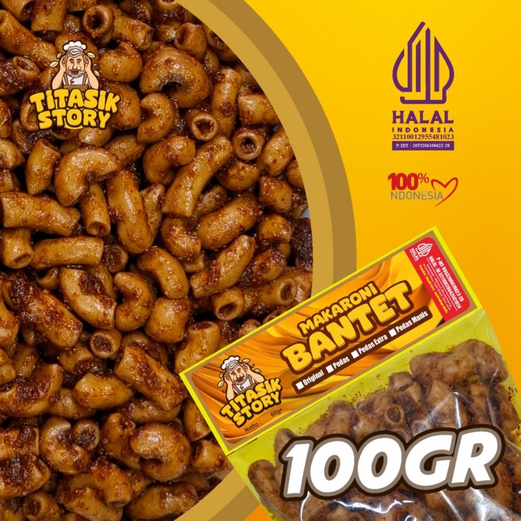 

100gr Makaroni Bantet Titasik Story - BPOM P-IRT 8053206070622-28 - HALAL ID32110020642561024